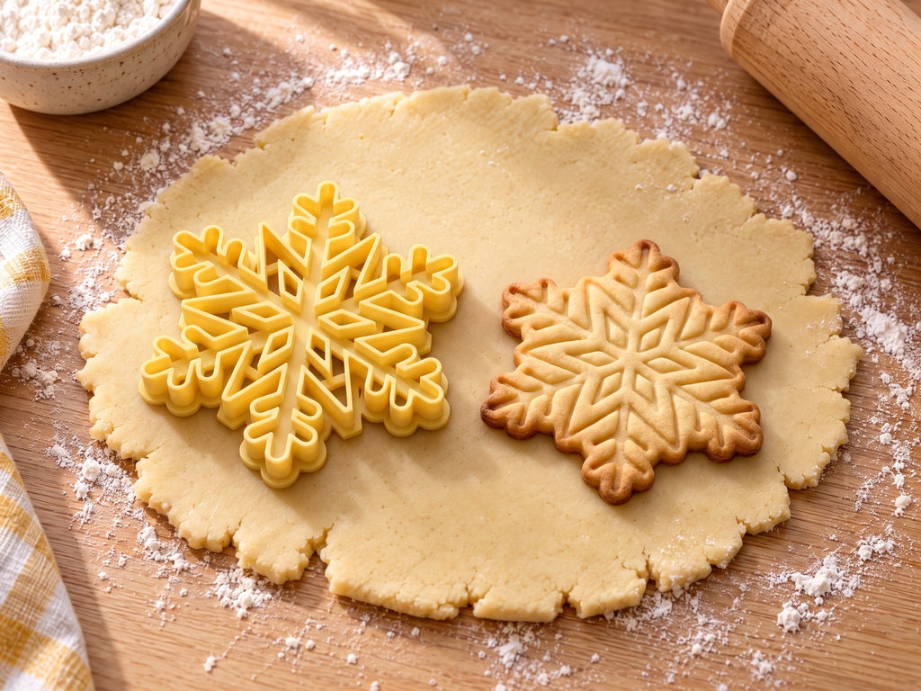 Butter-gelber Schneeflocken-Ausstecher mit Prägung neben gebackenem Keks mit verzweigten Armen und Sternmitte auf hellem Holz