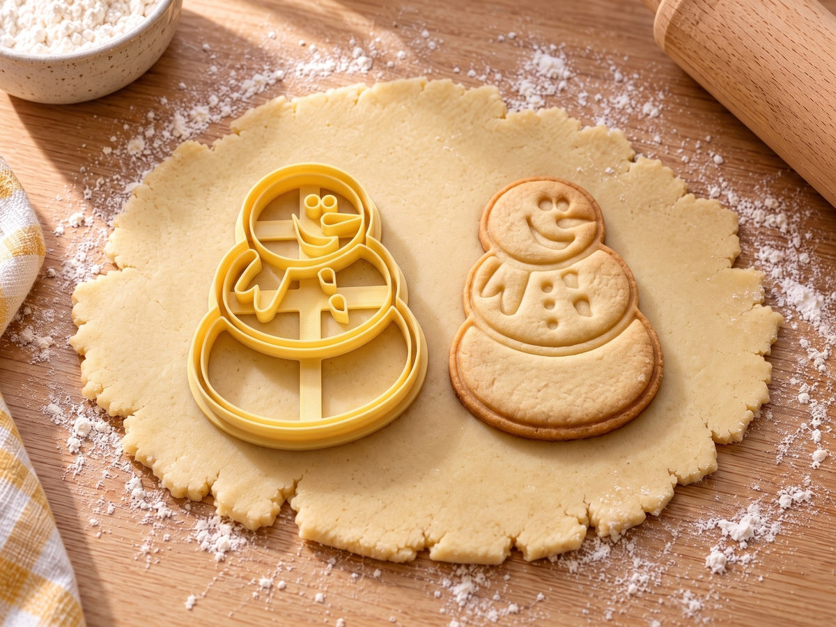 Butter-gelber Schneemann-Ausstecher mit Prägung neben gebackenem Keks aus drei Kugeln mit Lachgesicht und Schal auf hellem Holz