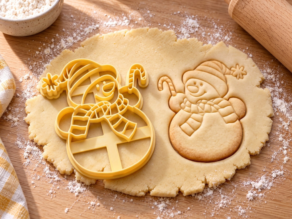 Butter-gelber Schneemann-Ausstecher mit Prägung neben gebackenem Keks mit Ringelmütze, Fransenschal und Zuckerstange auf hellem Holz