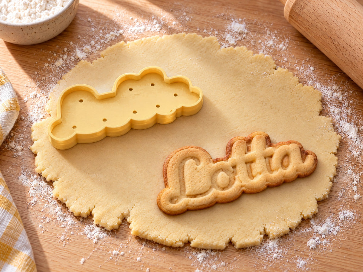 Butter-gelber Schriftzug-Ausstecher neben gebackenem Keks in Form des Namens „Lotta“ in Schreibschrift auf ausgerolltem Teig und hellem Holz