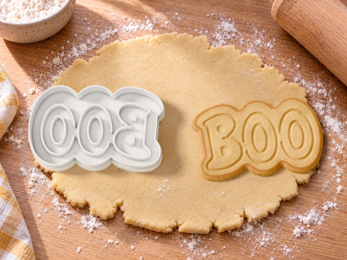 Schriftzug Boo – Ausstecher mit Prägung und Keks