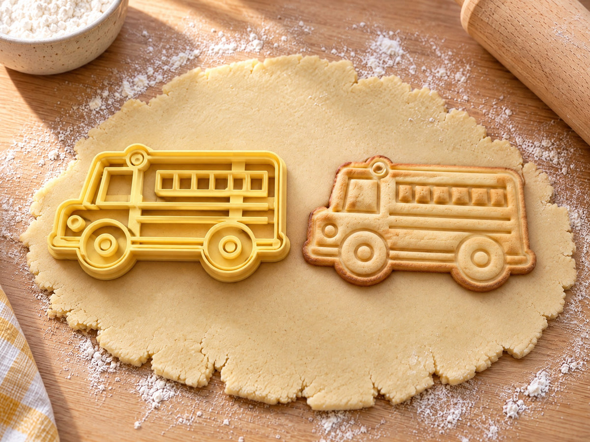 Butter-gelber Schulbus-Ausstecher mit Prägung neben gebackenem Keks mit Fensterreihe, Motorhaube und Rädern auf hellem Holz