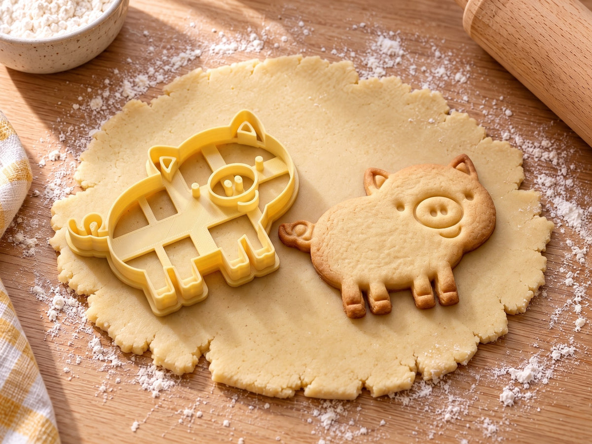 Butter-gelber Schwein-Ausstecher mit Prägung neben gebackenem Keks: kugelrundes Schweinchen mit Rüssel und Ringelschwanz auf hellem Holz