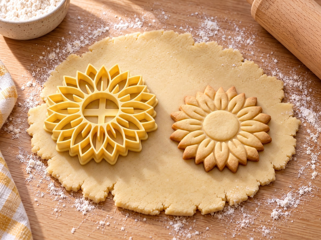 Butter-gelber Sonnenblumen-Ausstecher mit Prägung neben gebackenem Keks mit doppeltem Blütenkranz und glatter Mitte auf hellem Holz