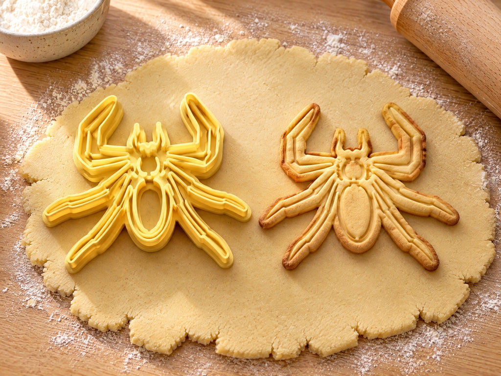 Butter-gelber Spinnen-Ausstecher mit Prägung neben schlankem Spinnen-Keks mit langen, geknickten Beinen auf hellem Holz
