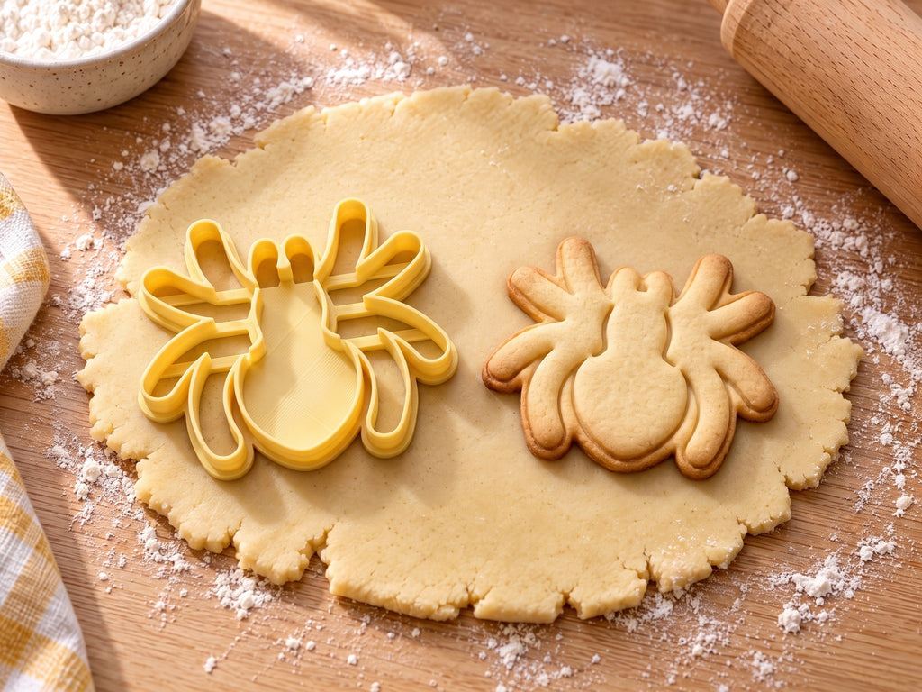 Butter-gelber Spinnen-Ausstecher mit Prägung neben rundlichem Spinnen-Keks mit acht dicken Beinen auf hellem Holz