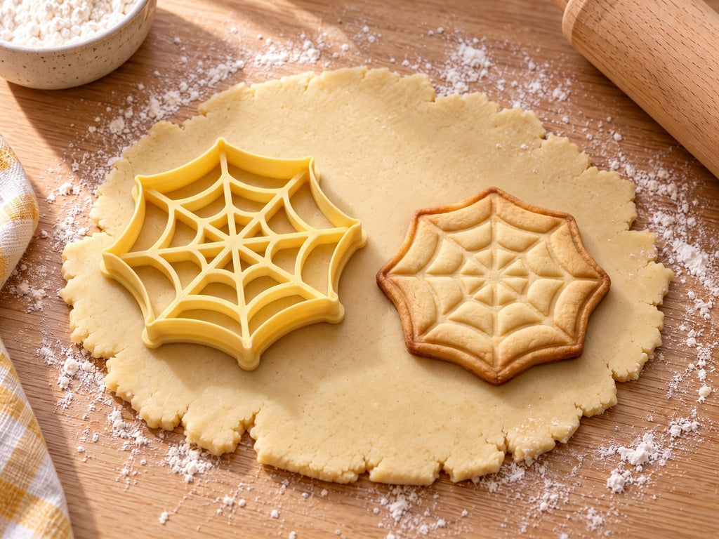 Butter-gelber Spinnennetz-Ausstecher mit Prägung neben achteckigem Netz-Keks mit weiten Maschen auf hellem Holz