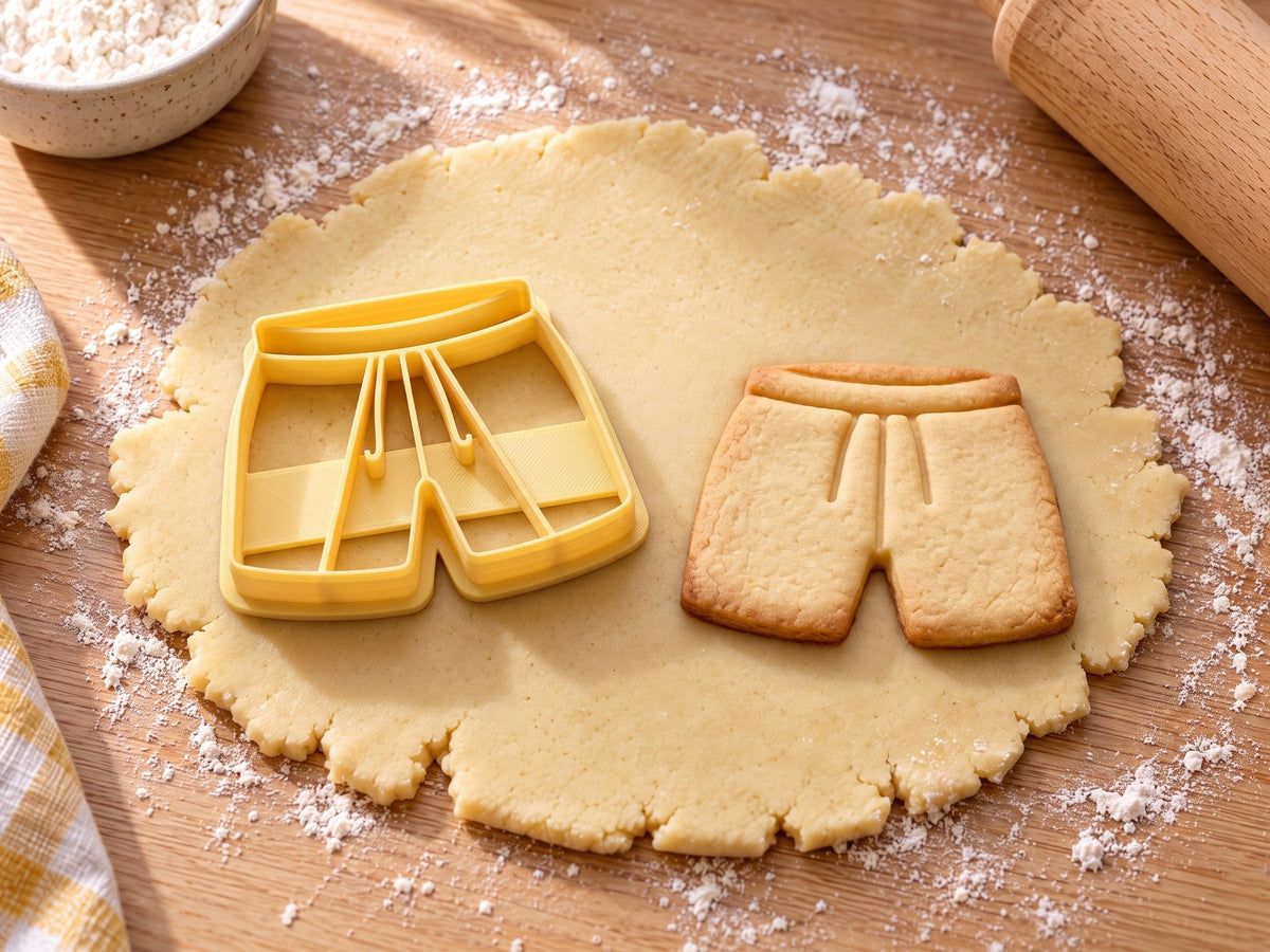 Butter-gelber Sporthose-Ausstecher mit Prägung neben gebackenem Keks mit Bund, Kordel und zwei Hosenbeinen auf hellem Holz