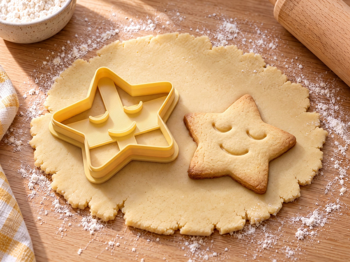Butter-gelber Stern-Ausstecher mit Prägung neben gebackenem Keks mit geschlossenen Augen und Lächeln auf hellem Holz