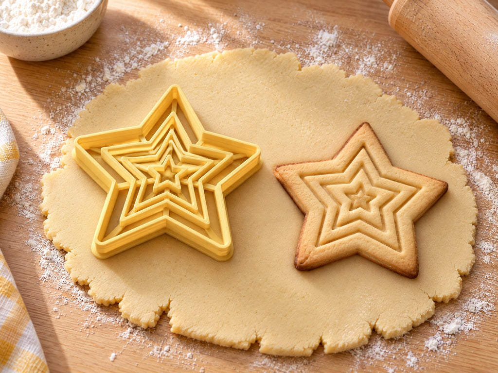 Butter-gelber Stern-Ausstecher mit Prägung neben gebackenem Keks mit ineinanderliegenden Sternlinien und Mini-Stern auf hellem Holz