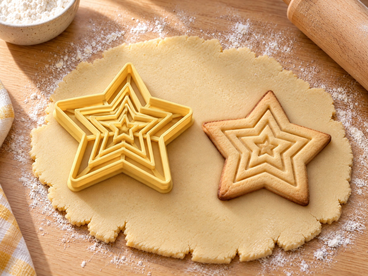 Butter-gelber Stern-Ausstecher mit Prägung neben gebackenem Keks mit ineinanderliegenden Sternlinien und Mini-Stern auf hellem Holz