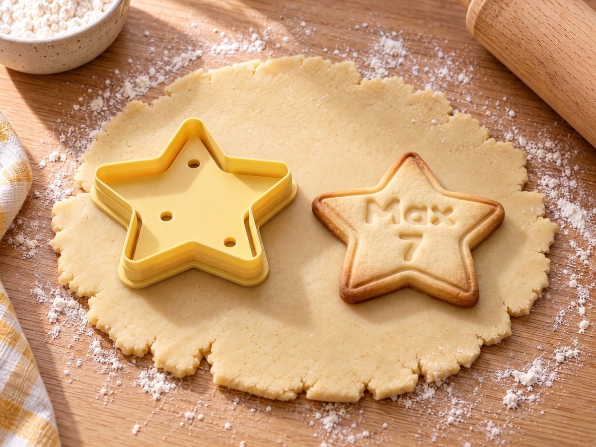 Butter-gelber Stern-Ausstecher neben gebackenem Sternkeks mit geprägtem Text „Max 7“ auf ausgerolltem Teig und hellem Holz