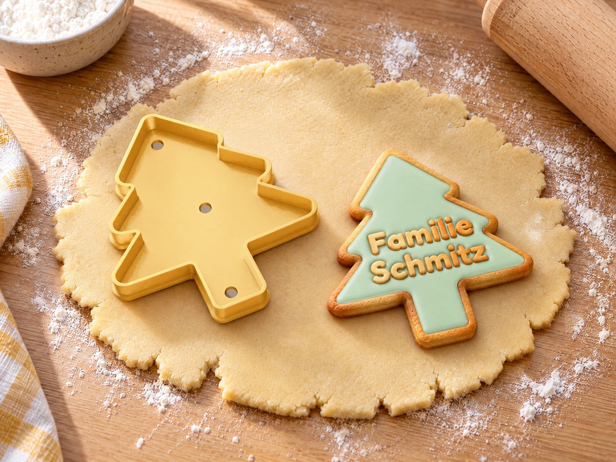Butter-gelber Tannenbaum-Ausstecher neben gebackenem Tannenbaumkeks mit mintgrünem Zuckerguss und geprägtem Text „Familie Schmitz“ auf ausgerolltem Teig und hellem Holz