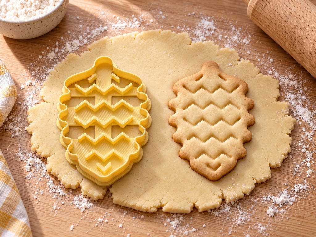 Butter-gelber Tannenzapfen-Ausstecher mit Prägung neben gebackenem Keks mit Zickzack-Schuppen auf hellem Holz