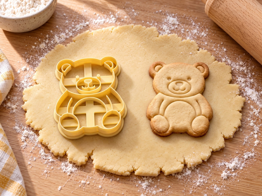 Butter-gelber Teddybär-Ausstecher mit Prägung neben gebackenem Keks mit seitlich sitzendem Teddy und runden Fußsohlen auf hellem Holz
