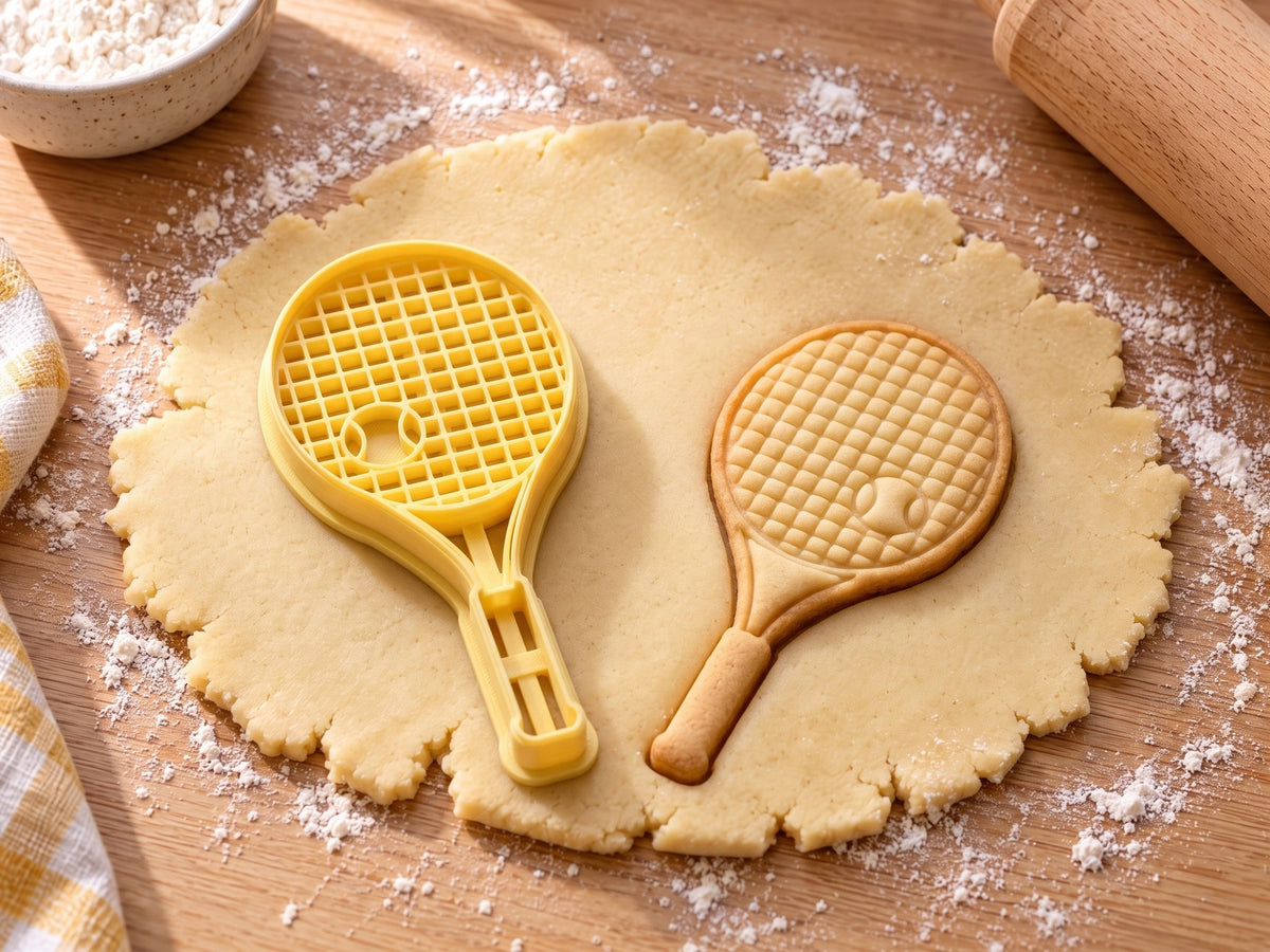 Butter-gelber Tennisschläger-Ausstecher mit Prägung neben gebackenem Keks mit Saitengitter und Ball in der Bespannung auf hellem Holz