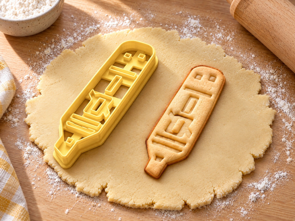 Butter-gelber Textmarker-Ausstecher mit Prägung neben schmalem gebackenem Keks mit Keilspitze und Etikett auf hellem Holz
