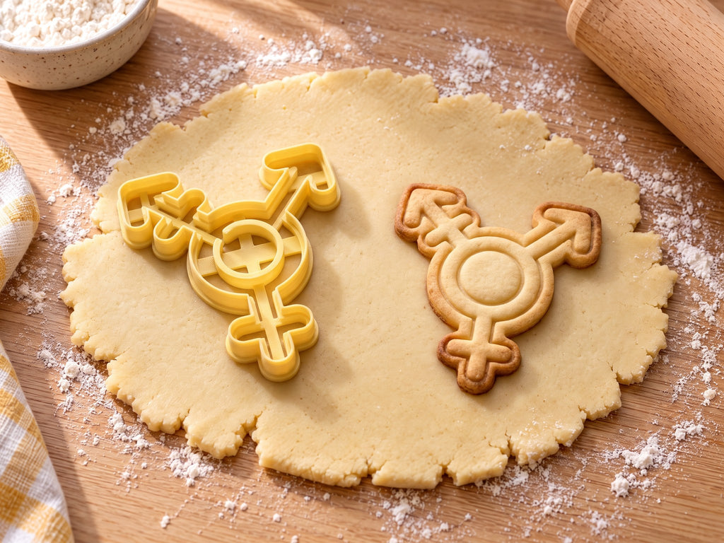 Butter-gelber Ausstecher mit Prägung als Transgender-Symbol neben gebackenem Keks mit Kreis, Pfeilen und Kreuz auf hellem Holz