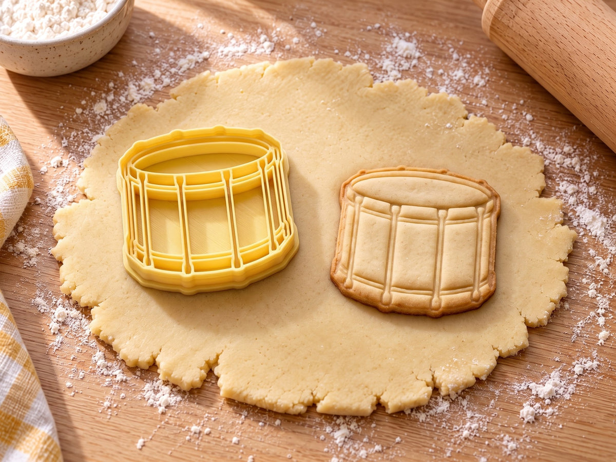 Butter-gelber Trommel-Ausstecher mit Prägung neben gebackenem Keks mit ovalem Fell, Reifen und senkrechten Spannschrauben auf hellem Holz