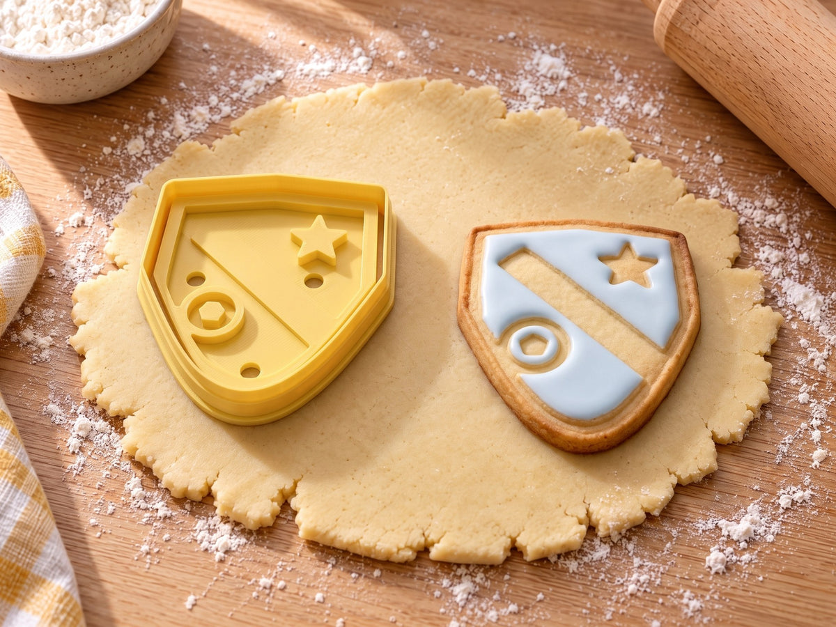 Butter-gelber Wappen-Ausstecher neben gebackenem Wappenkeks mit hellblauem Zuckerguss, Schrägbalken, Stern und Ball auf ausgerolltem Teig und hellem Holz