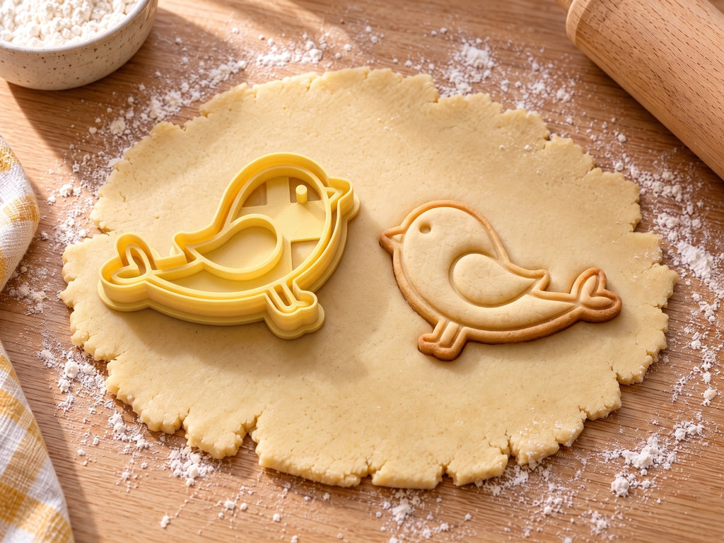 Butter-gelber Vogel-Ausstecher mit Prägung neben gebackenem Keks mit Flügel und Herzschwanz auf hellem Holz
