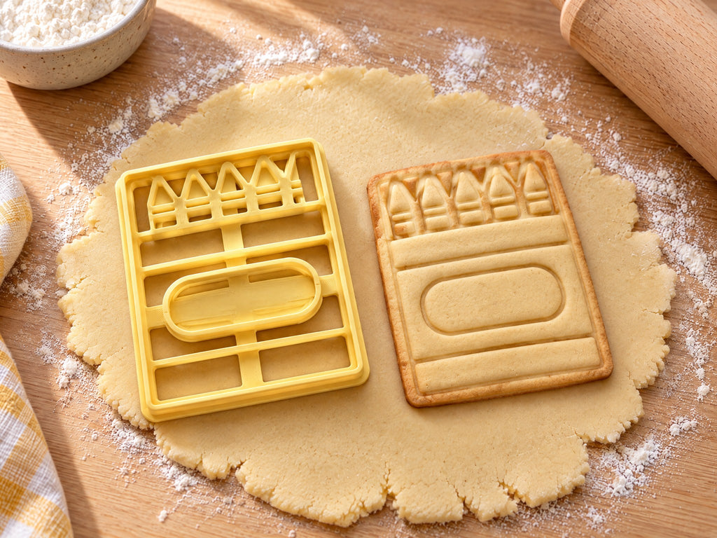 Butter-gelber Wachsmalstifte-Ausstecher mit Prägung neben gebackenem Keks: Schachtel mit herausragenden Stiftspitzen auf hellem Holz