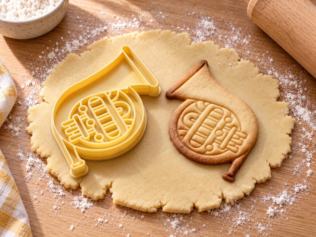 Butter-gelber Waldhorn-Ausstecher mit Prägung neben gebackenem Keks mit kreisrunden Windungen und Ventilhebeln auf hellem Holz