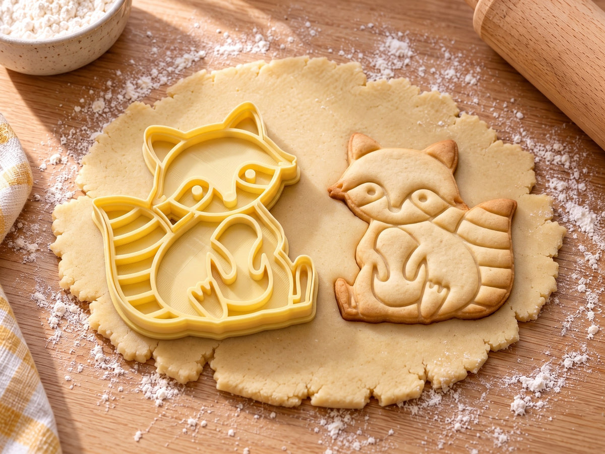 Butter-gelber Waschbär-Ausstecher mit Prägung neben gebackenem Keks mit Augenmaske und gestreiftem Ringelschwanz auf hellem Holz