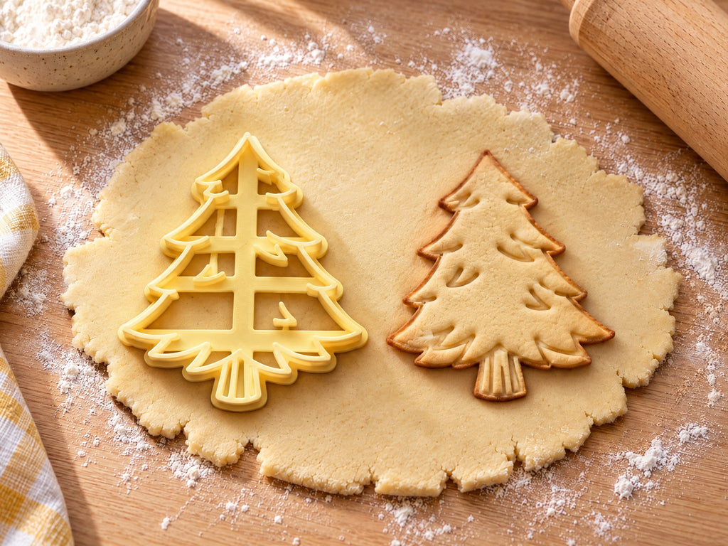Butter-gelber Weihnachtsbaum-Ausstecher mit Prägung neben gebackenem Keks mit Zweigbögen und gerilltem Stamm auf hellem Holz