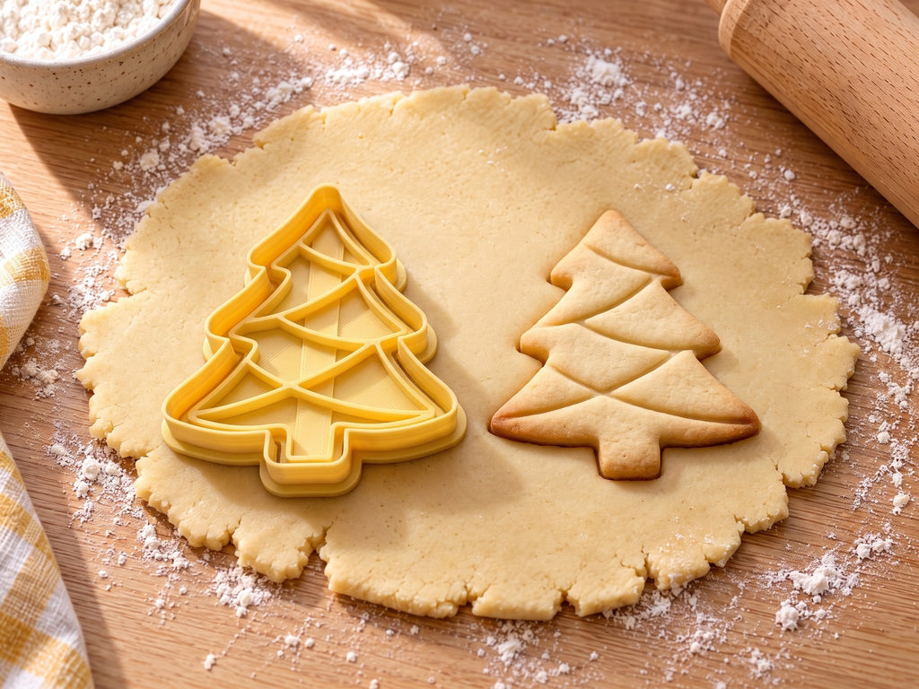Butter-gelber Weihnachtsbaum-Ausstecher mit Prägung neben gebackenem Keks mit überkreuzten Girlandenbögen auf hellem Holz