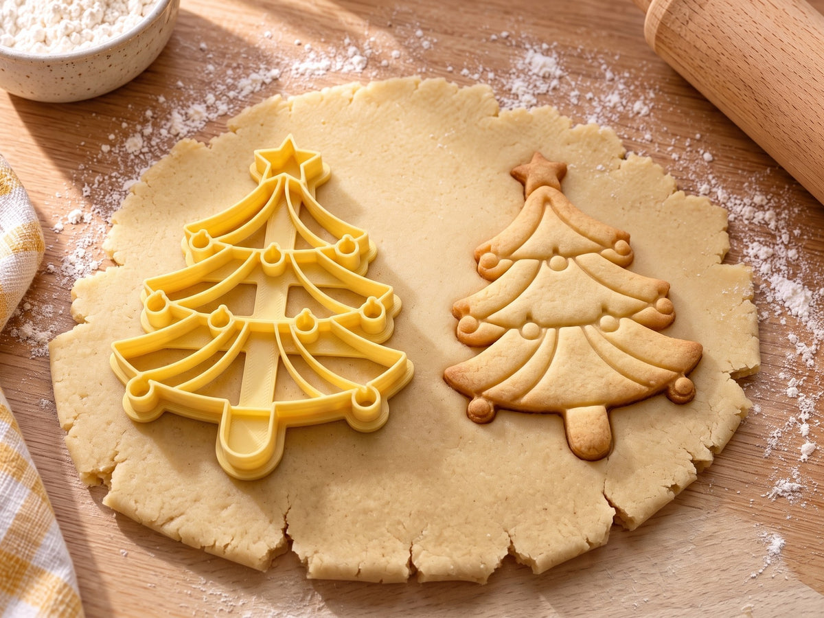 Butter-gelber Weihnachtsbaum-Ausstecher mit Prägung neben gebackenem Keks mit Stern und Kugeln an den Zweigspitzen auf hellem Holz
