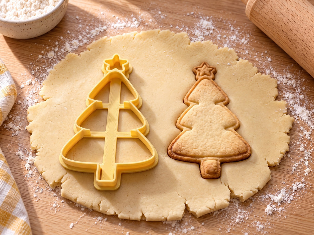 Butter-gelber Tannenbaum-Ausstecher mit Prägung neben gebackenem Keks mit Innenkontur und umrandetem Stern auf hellem Holz