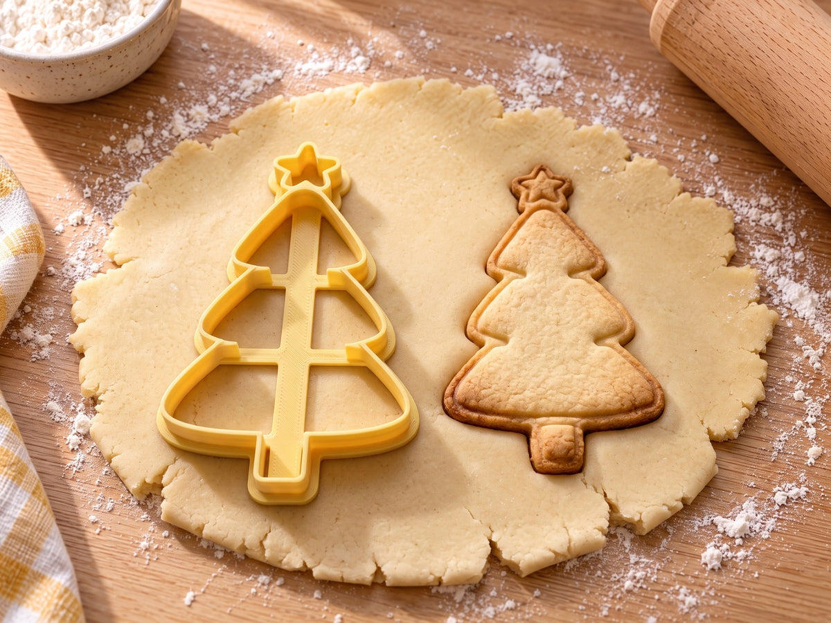 Butter-gelber Tannenbaum-Ausstecher mit Prägung neben gebackenem Keks mit Innenkontur und umrandetem Stern auf hellem Holz