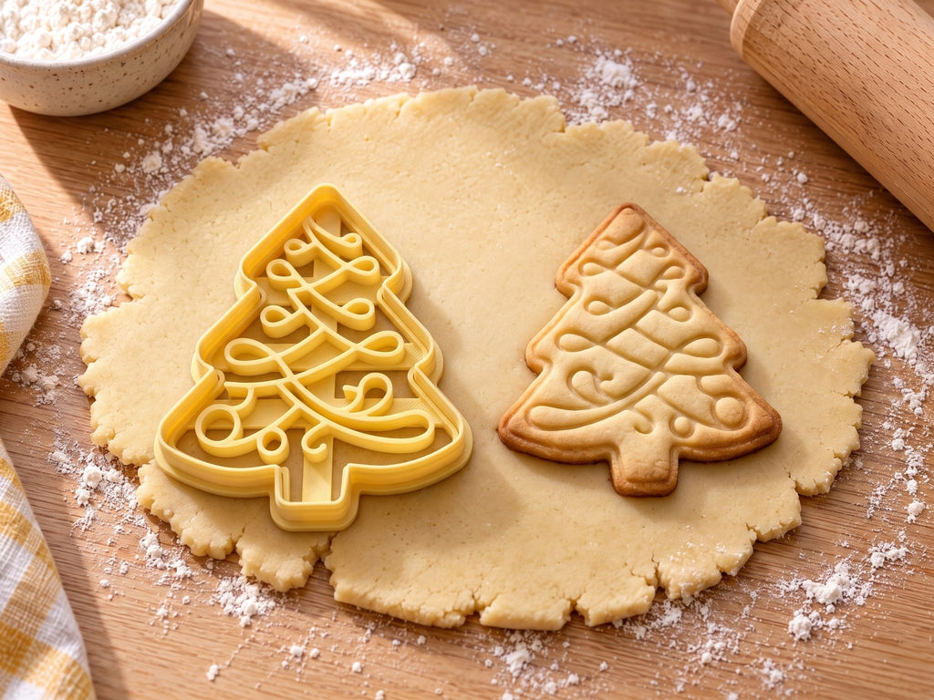 Butter-gelber Weihnachtsbaum-Ausstecher mit Prägung neben gebackenem Keks mit geschwungenen Schnörkelbändern auf hellem Holz