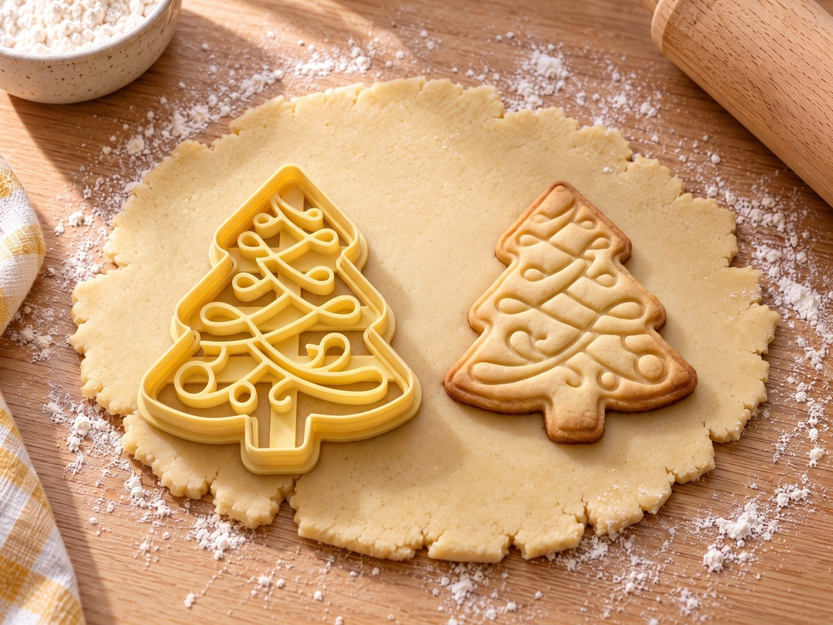 Butter-gelber Weihnachtsbaum-Ausstecher mit Prägung neben gebackenem Keks mit geschwungenen Schnörkelbändern auf hellem Holz
