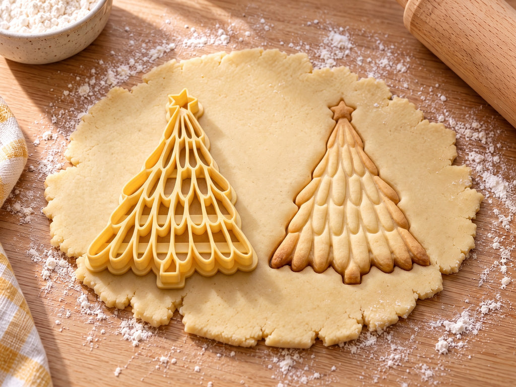 Butter-gelber Tannenbaum-Ausstecher mit Prägung neben gebackenem Keks mit hängenden Tropfenzweigen und Stern auf hellem Holz