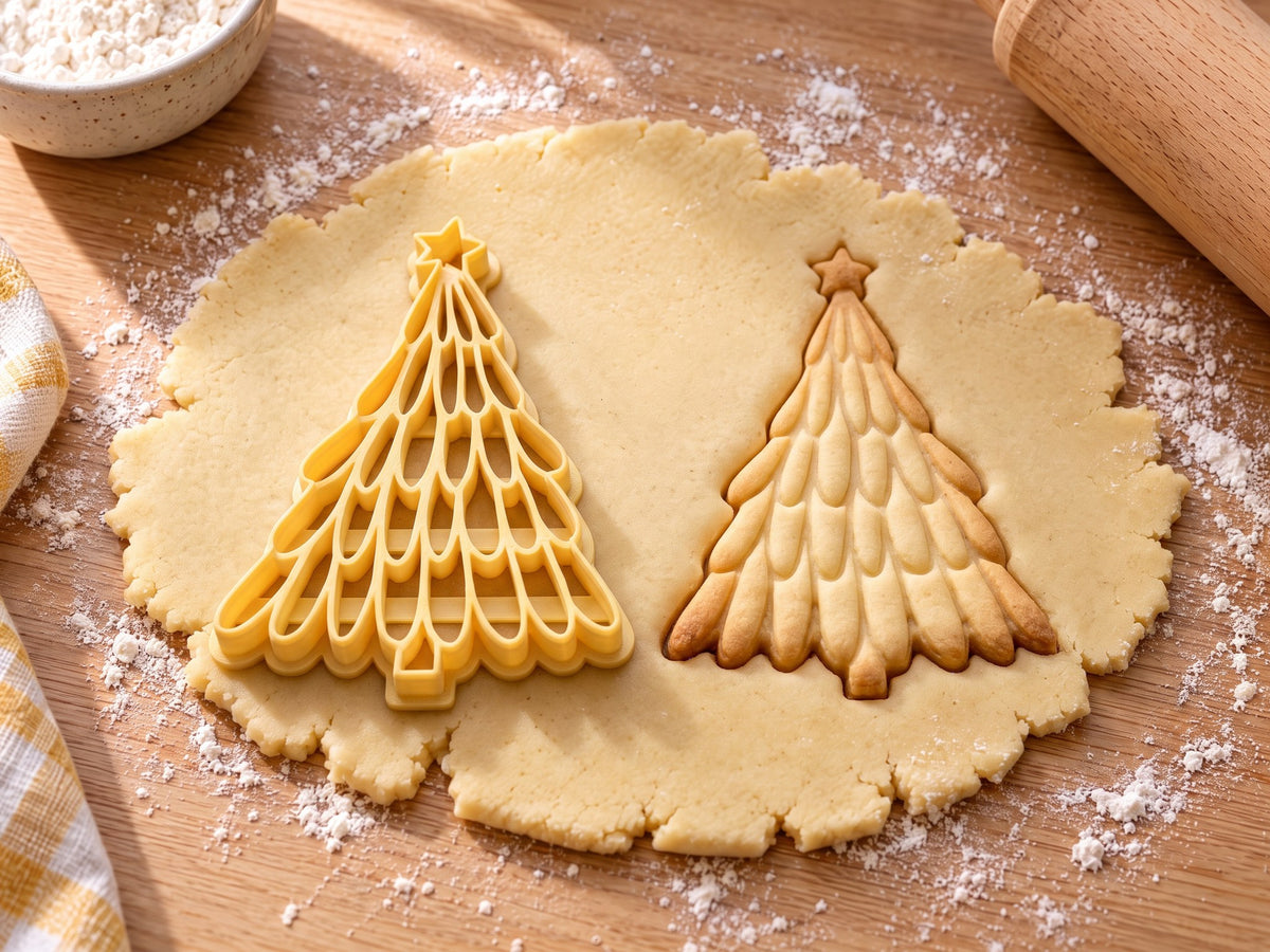 Butter-gelber Tannenbaum-Ausstecher mit Prägung neben gebackenem Keks mit hängenden Tropfenzweigen und Stern auf hellem Holz