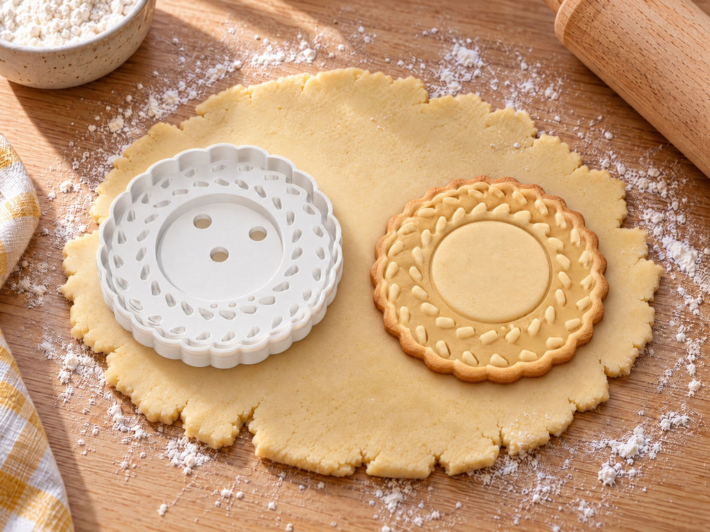 Weihnachtskranz-Ausstecher mit Prägung neben gebackenem Keks mit geflochtenem Blätterring auf hellem Holz