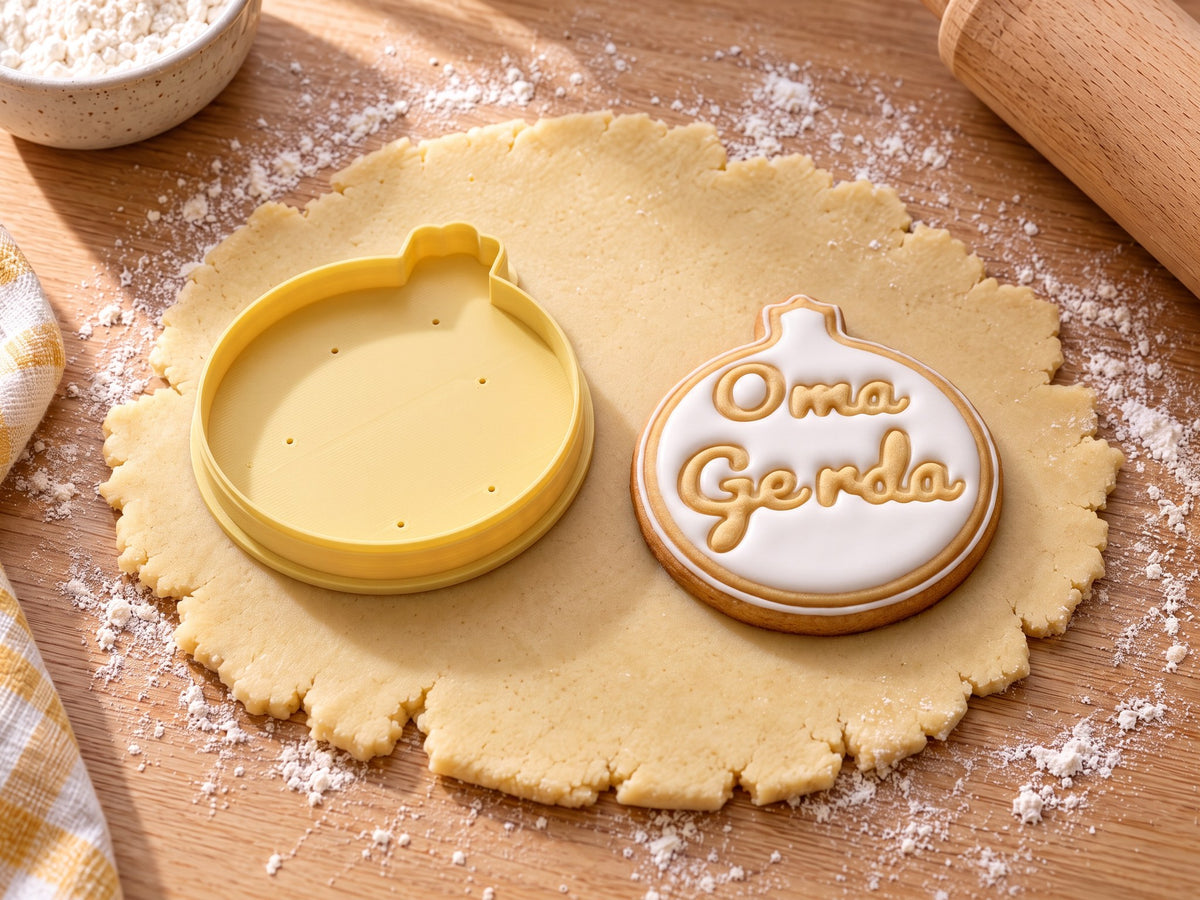 Butter-gelber Weihnachtskugel-Ausstecher neben gebackenem Kugelkeks mit weißem Zuckerguss und geprägtem Namen „Oma Gerda“ auf ausgerolltem Teig und hellem Holz