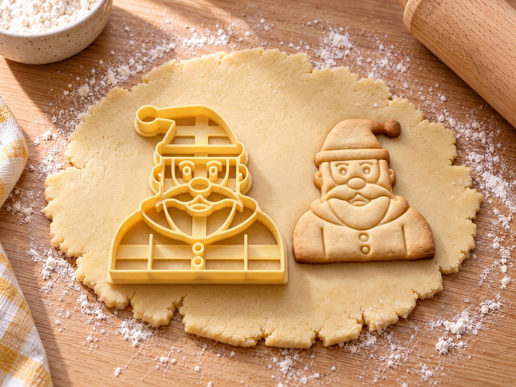 Butter-gelber Weihnachtsmann-Ausstecher mit Prägung neben gebackenem Keks mit Bommelmütze, Bart und Knopfmantel auf hellem Holz