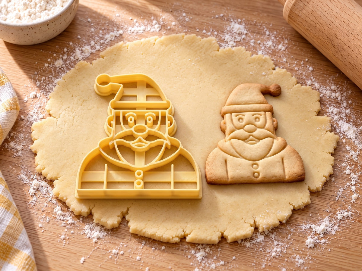 Butter-gelber Weihnachtsmann-Ausstecher mit Prägung neben gebackenem Keks mit Bommelmütze, Bart und Knopfmantel auf hellem Holz