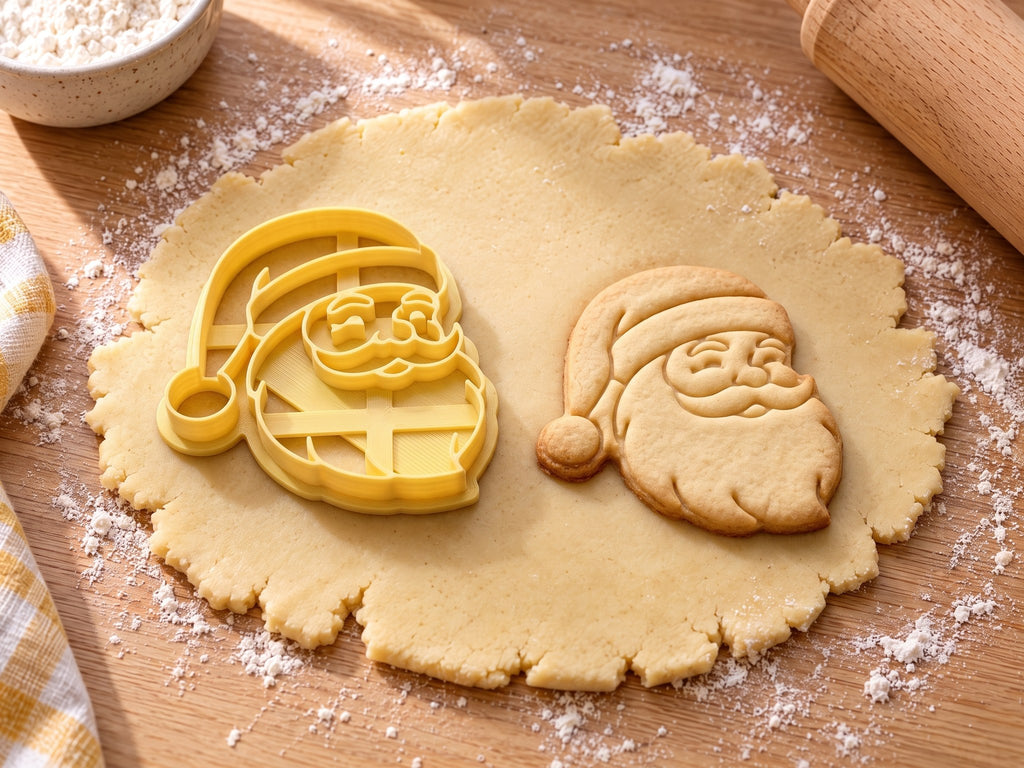 Butter-gelber Weihnachtsmann-Ausstecher mit Prägung neben gebackenem Keks mit lachendem Gesicht im Halbprofil auf hellem Holz