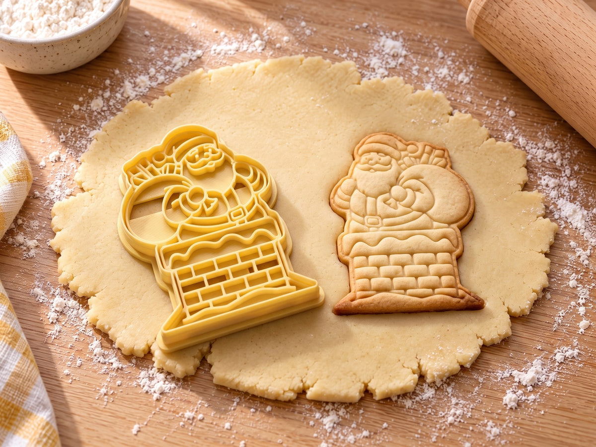 Butter-gelber Weihnachtsmann-Ausstecher mit Prägung neben gebackenem Keks mit Backsteinkamin und Geschenkesack auf hellem Holz