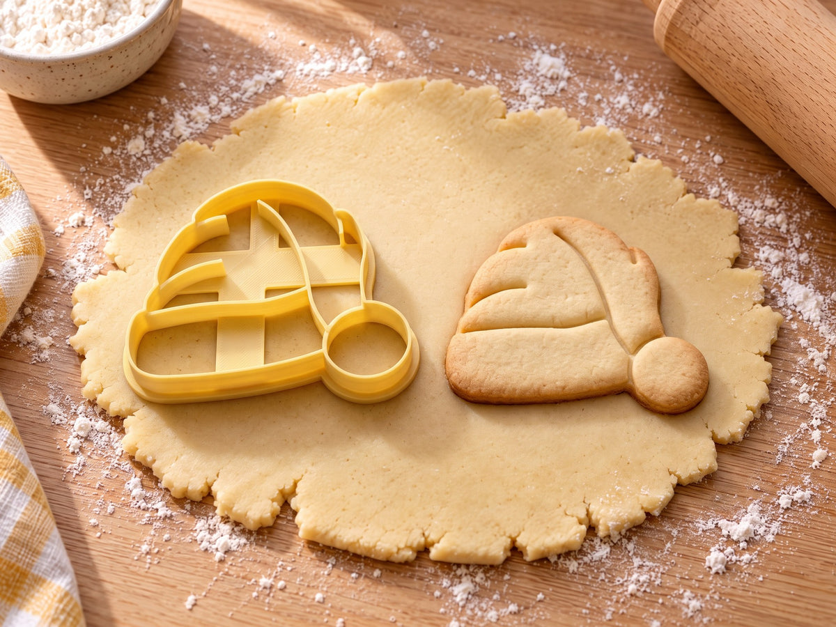 Butter-gelber Nikolausmützen-Ausstecher mit Prägung neben gebackenem Keks mit geknicktem Zipfel und großem Bommel auf hellem Holz