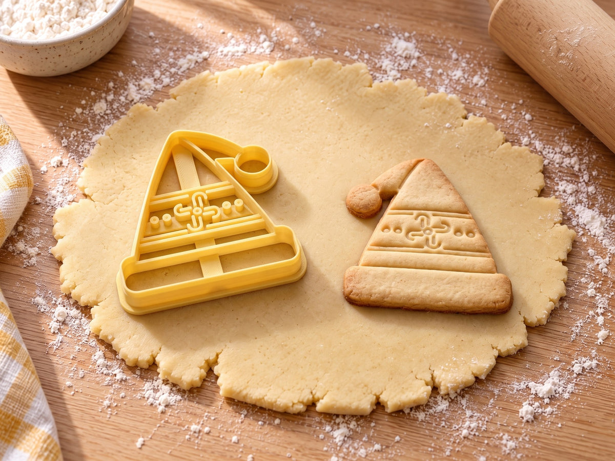 Butter-gelber Mützen-Ausstecher mit Prägung neben gebackenem Keks mit Norwegermuster, Streifen und Bommel auf hellem Holz