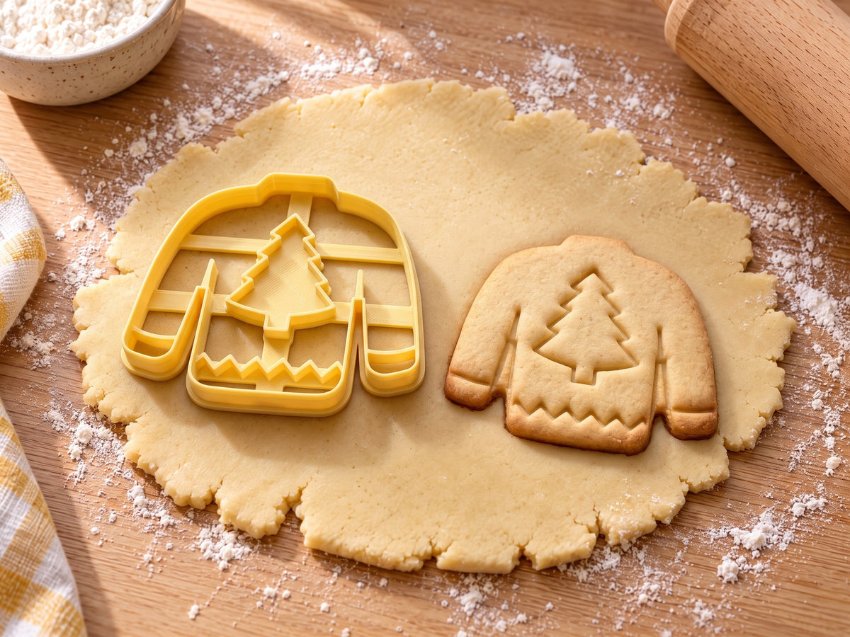 Butter-gelber Weihnachtspullover-Ausstecher mit Prägung neben gebackenem Keks mit Tanne und Zickzackbund auf hellem Holz