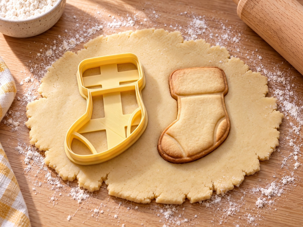 Butter-gelber Socken-Ausstecher mit Prägung neben gebackenem Keks mit breitem Umschlag, Ferse und Spitze auf hellem Holz