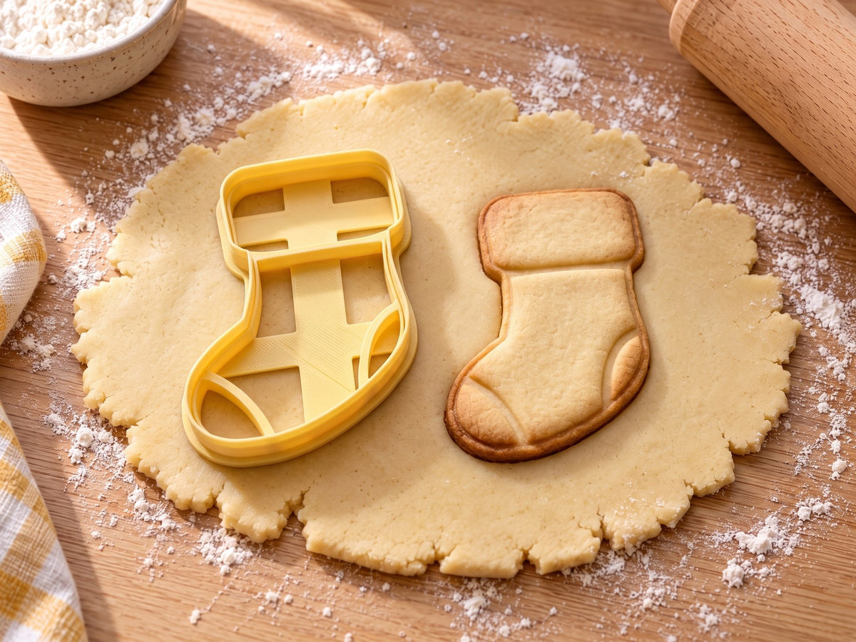 Butter-gelber Socken-Ausstecher mit Prägung neben gebackenem Keks mit breitem Umschlag, Ferse und Spitze auf hellem Holz