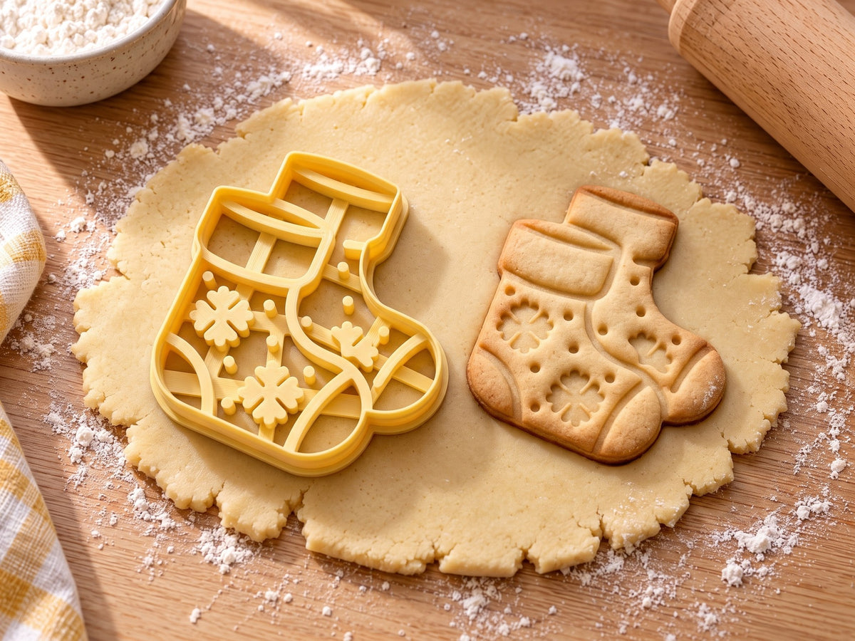 Butter-gelber Sockenpaar-Ausstecher mit Prägung neben gebackenem Keks mit zwei Socken im Schneeflocken-Strickmuster auf hellem Holz