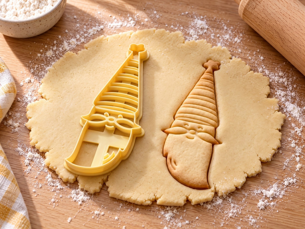 Butter-gelber Wichtel-Ausstecher mit Prägung neben gebackenem Keks mit geringelter Mütze und schwingendem Bart auf hellem Holz